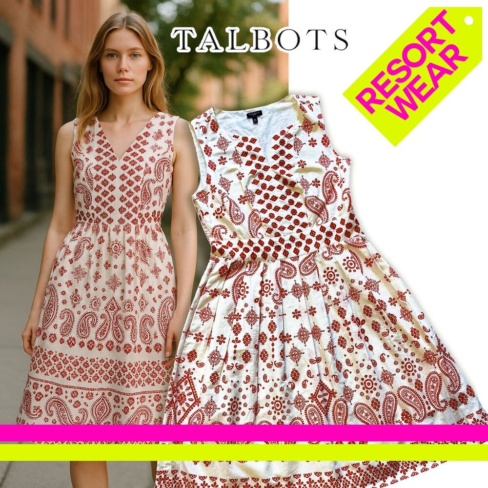 Talbots Red and Off White Pleated Midi Dress